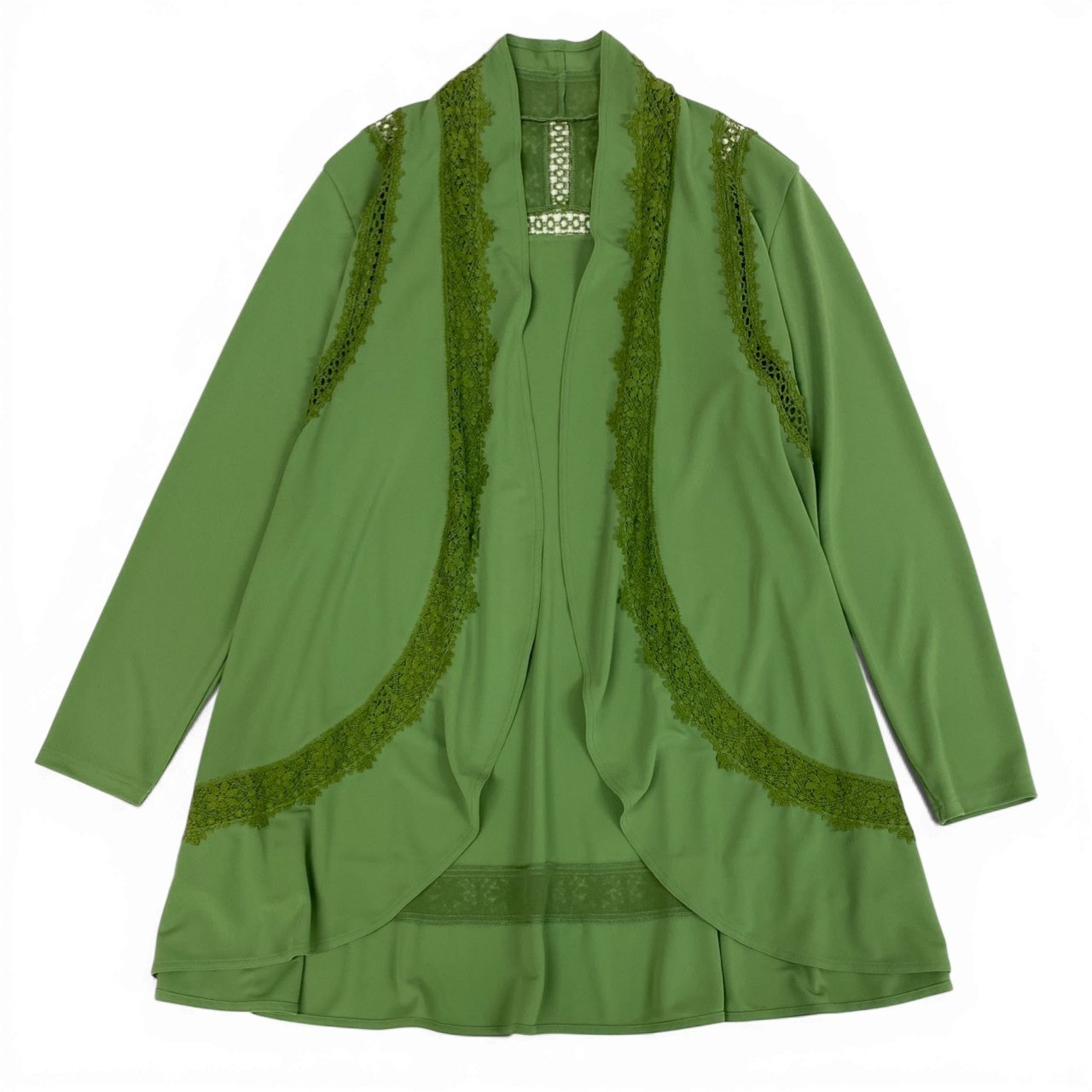 52b27 TOKUKO 1er VOL トクコプルミエヴォル ロングカーディガン 長袖 レース装飾 レディース 女性服 サイズ9 グリーンu02t