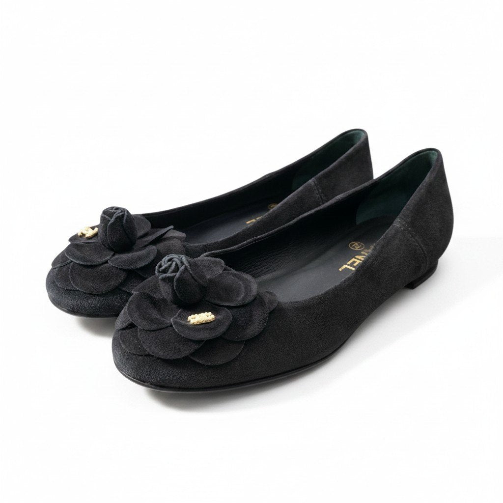 f24 CHANEL フラットシューズ カメリア ココマーク パンプス G32162 36 1/2 サイズ ブラック ベルベット レディース 女性用o07t