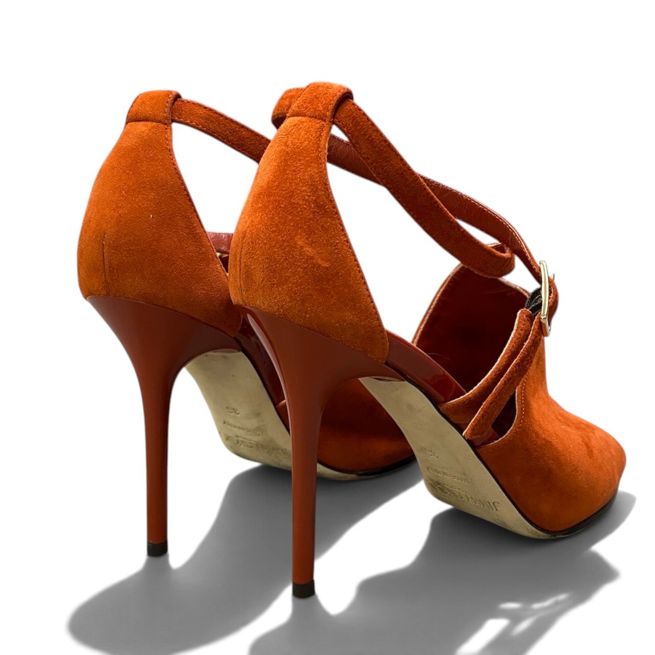 i1 JIMMY CHOO ジミーチュウ オープントゥ ストラップ ヒールサンダル サイズ36 オレンジ系 スウェードレザー レディースk02i