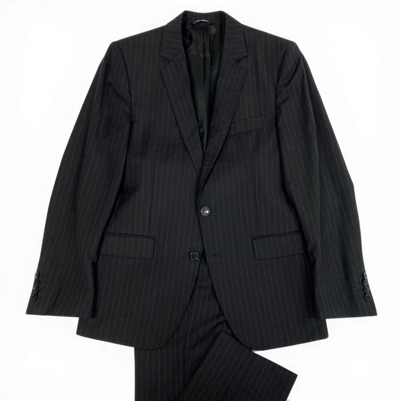 42b27 DOLCE＆GABBANA ドルチェ＆ガッバーナ シングルスーツ セットアップ ビジネス 46 ブラック ストライプ ウール メンズu02t