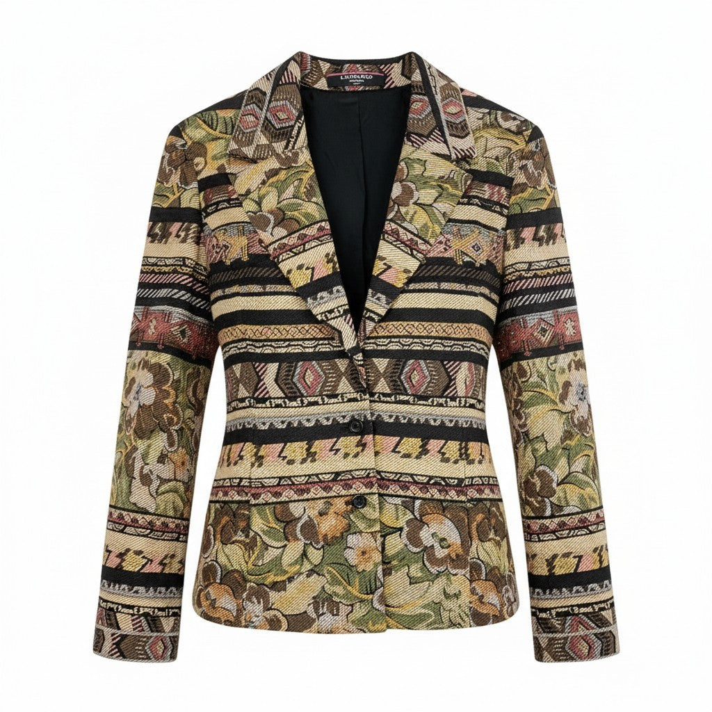 2k19《美品》 LEONARD FASHION レオナール テーラードジャケット 中綿ジャケット 総柄 美しい花柄プリント ウールシルク混 レディース 女性用 M マルチカラーu02t