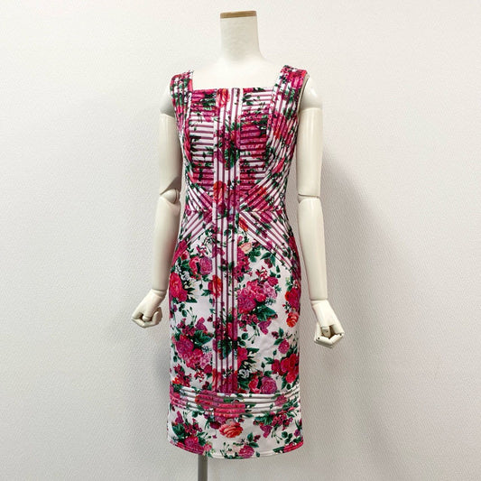 81h7 TADASHI SHOJI タダシショージ ノースリーブワンピース 膝丈ワンピース 花柄 バラ タイトスカート 0 ホワイト マルチカラー レディースk02i