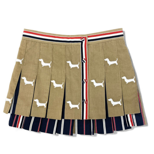 27L1 【新品未使用】THOM BROWNE トムブラウン トリコロールテープ DOG刺繍 コーデュロイ ミニスカート サイズ38 ベージュ レディース 女性用k02i