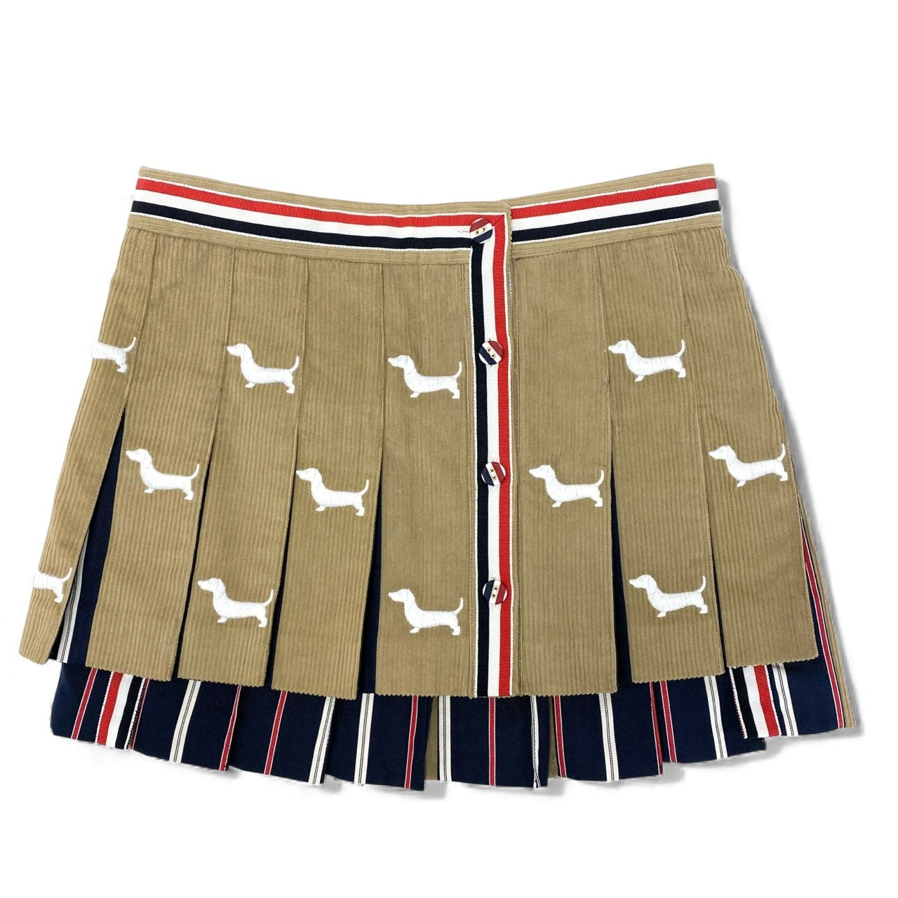 S【新品未使用】THOM BROWNE トムブラウン トリコロールテープ DOG刺繍 コーデュロイ ミニスカート サイズ38 ベージュ レディース 女性用 FGCA20E-E1225 38 ベージュk02i