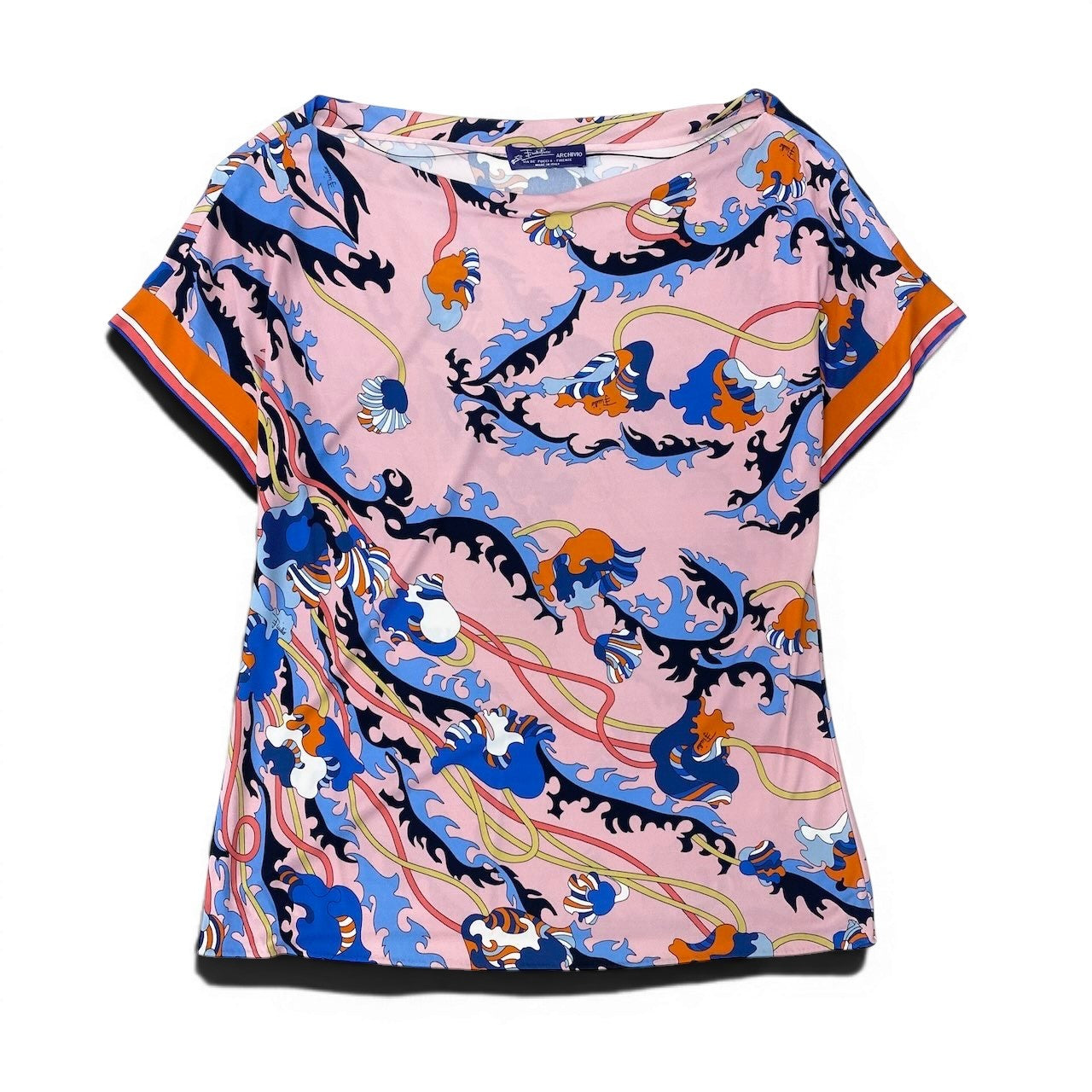 89g24 EMILIO PUCCI ARCHIVIO エミリオップチ アルチビオ ボートネック フレンチスリーブカットソー 総柄 I42 ピンク レディースu02t