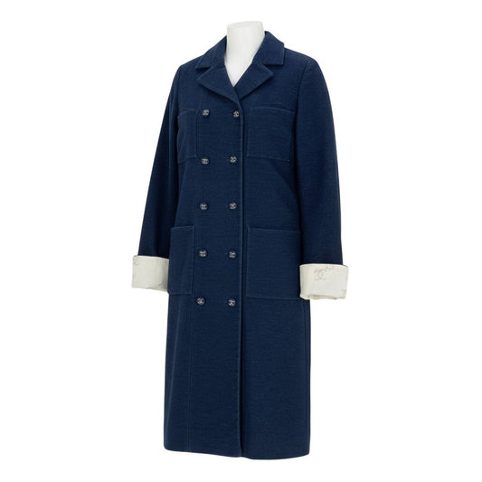 16k10 CHANEL シャネル ココマーク ダブルロングコート P53419V38061 34 インディゴ ブルー デニム 裏地刺繍t18r