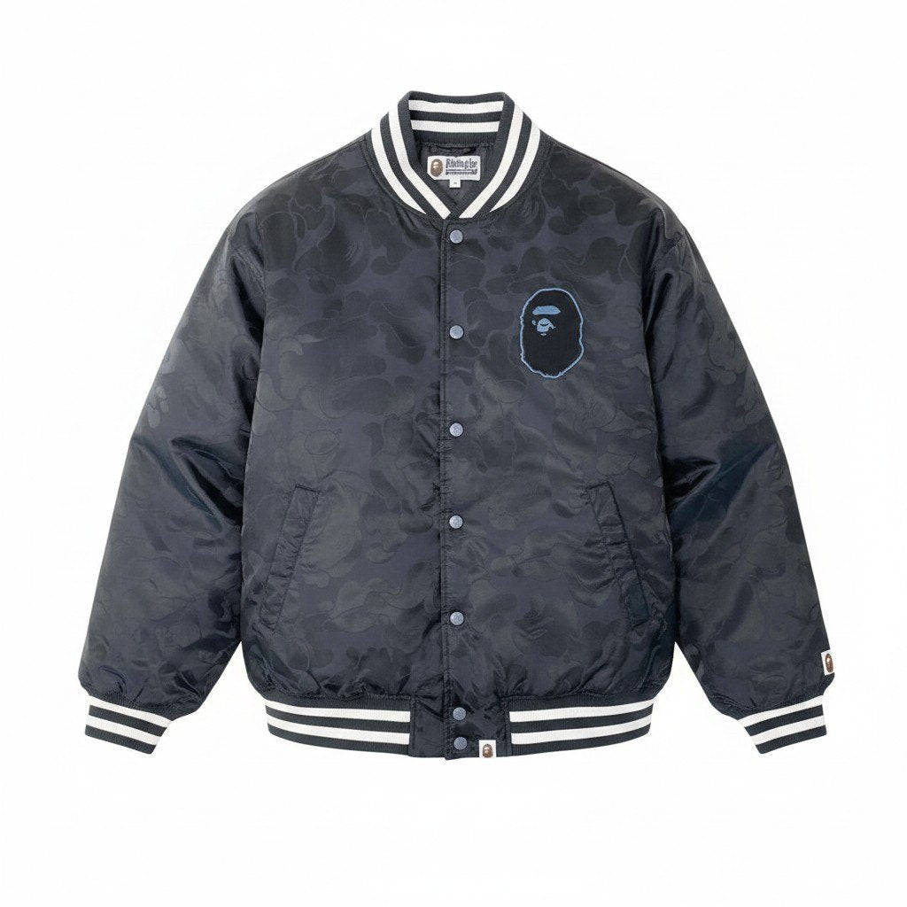 89g20 A Bathing Ape アベイシングエイプ Tonal Solid Camo Padded Varsity Jacket スタジャン カモフラ柄 001HJJ8010541 サイズXL ブラック メンズt18r