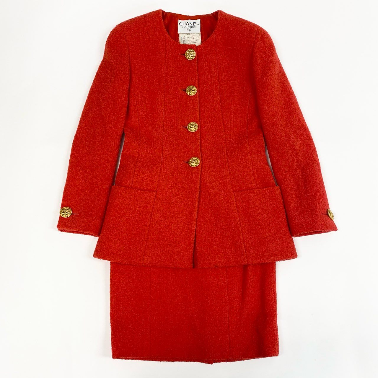Ca15 【archive】CHANEL ヴィンテージ シャネル 1994年 ランウェイ ツイードジャケット スカート セットアップ ゴールドボタン サイズ36 レッド レディースta1