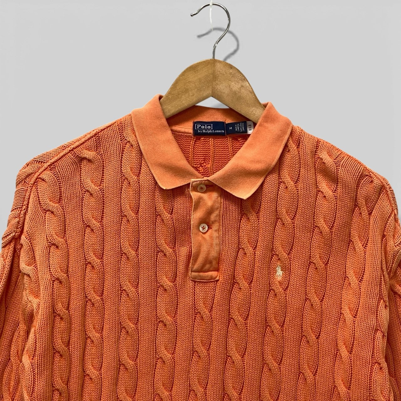 60b10 【美品】Polo by Ralph Lauren ラルフローレン コットンケーブルポロニット ニットセーター ヴィンテージ加工 トップス Mサイズ オレンジ コットン100％ レディースu02t