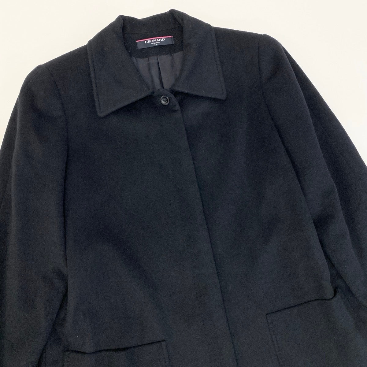 38g13 LEONARD FASHION レオナール ステンカラーコート ロング 花柄プリント サイズ11AR ブラック カシミヤ100％ レディース 女性用o07t