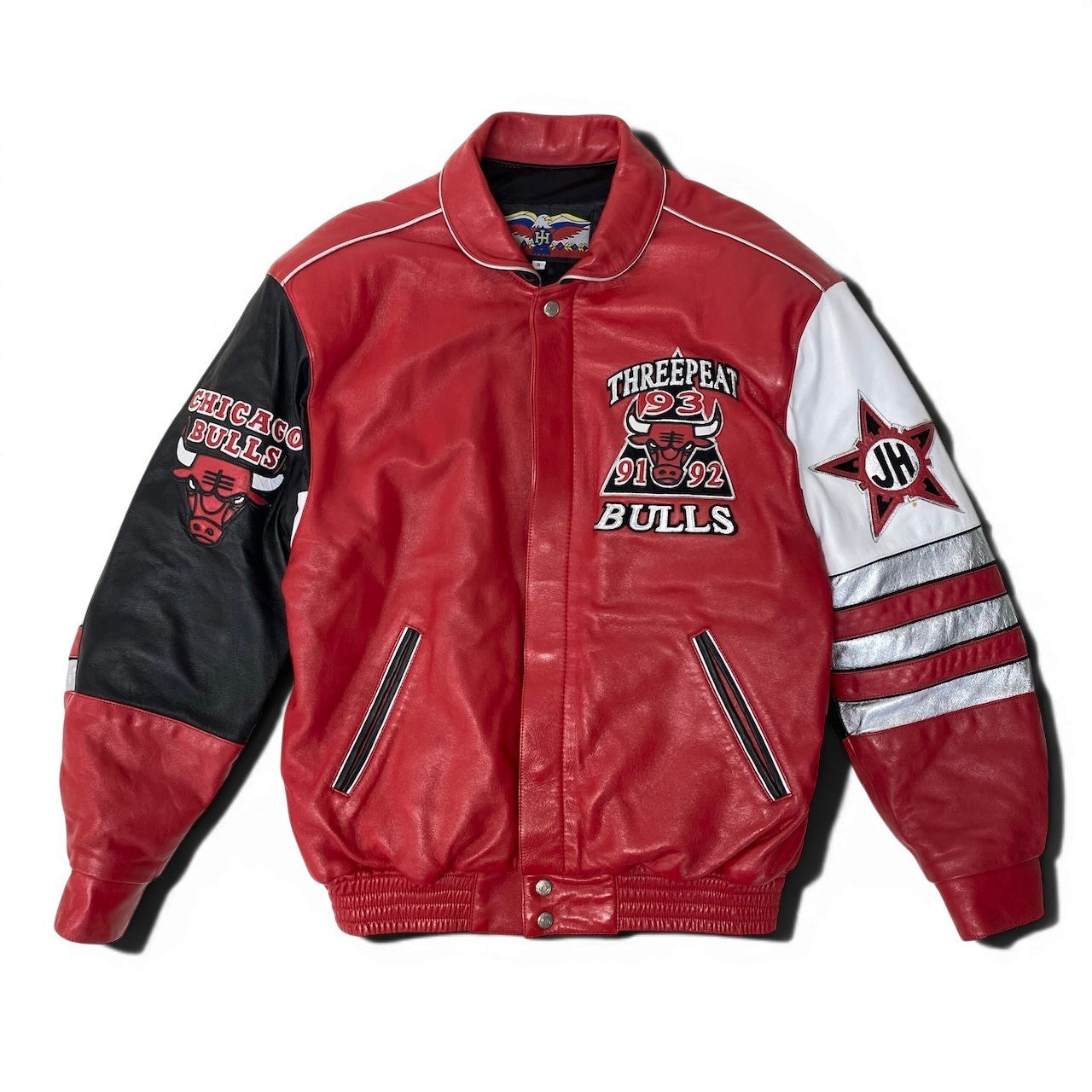 19g1 JEFF HAMILTON ジェフハミルトン NBA Chicago Bulls シカゴブルズ 3ピート記念 レザージャケット スタジャン 革ジャン USA製 Sサイズ レッド ホワイト レザー メンズ 男性用u02t