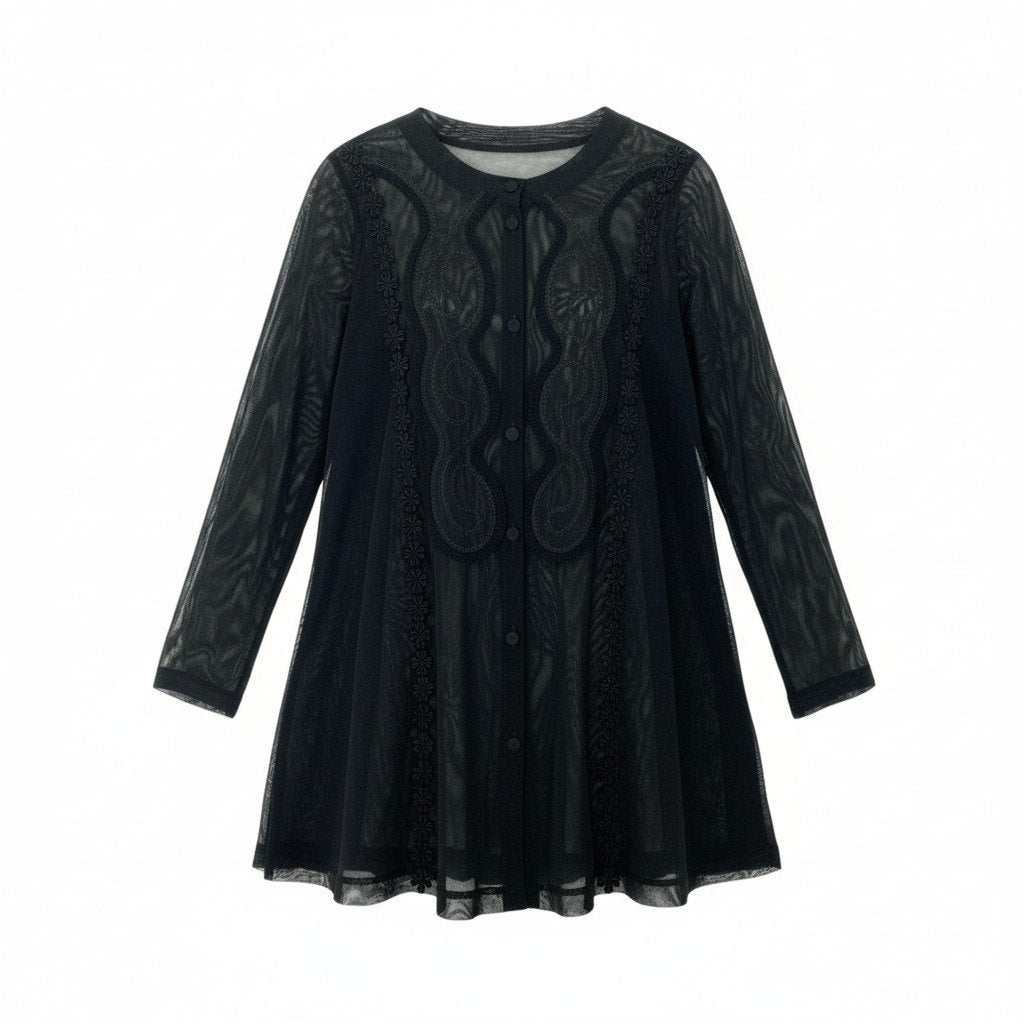 18k20《美品》 TOKUKO 1er VOL トクコプルミエヴォル  ロング シアーカーディガン メッシュシャツ 長袖 花柄 ストレッチ○ レディース 女性用 ９ ブラックu02t