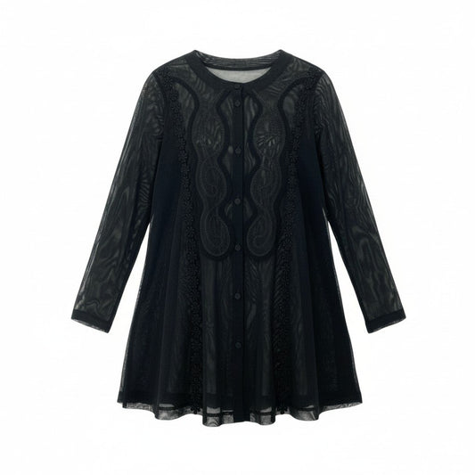 18k20《美品》 TOKUKO 1er VOL トクコプルミエヴォル  ロング シアーカーディガン メッシュシャツ 長袖 花柄 ストレッチ○ レディース 女性用 ９ ブラックu02t