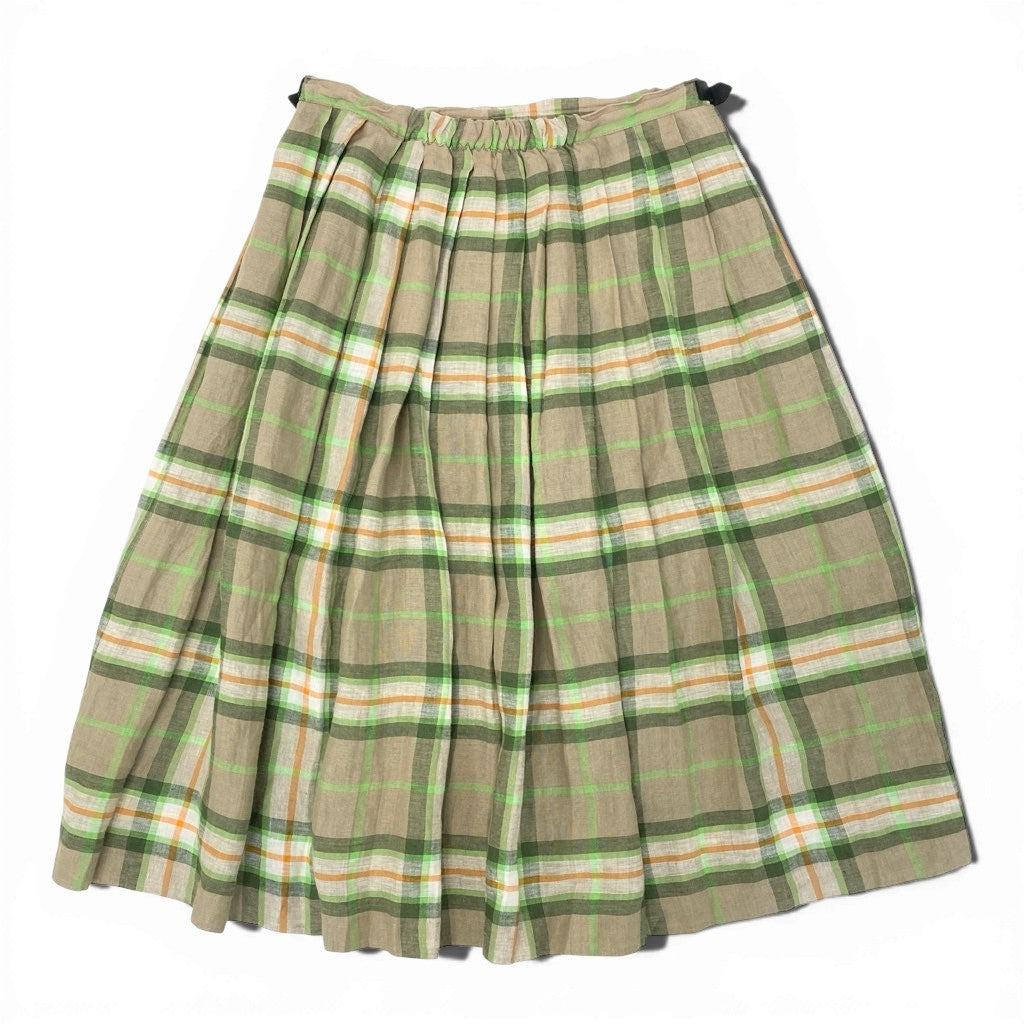 67a12 《美品》 O’NEIL OF DUBLIN オニールオブダブリン 定番 チェック柄 巻きスカート 膝下スカート クリップ付き 42 グリーン ベージュ リネン レディース 女性用u02t