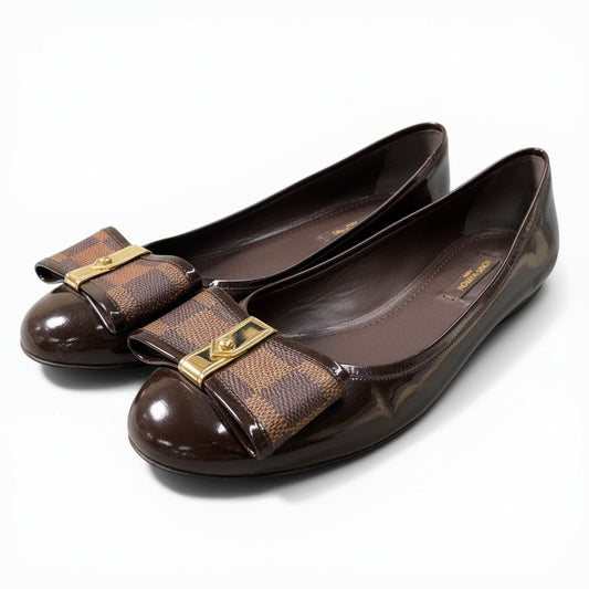 LOUIS VUITTON ルイヴィトン ダミエリボン パテントレザー フラットシューズ バレエシューズ サイズ38 ブラウン レディースta1