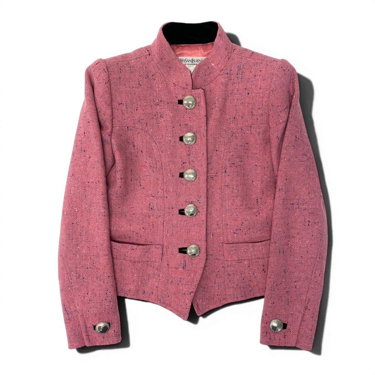 56e12 Yves Saint Laurent  イヴサンローラン vintage ツイードジャケット スタンドカラージャケット サイズ34 フランス製 ピンク ウール100％ レディース 女性用u02t