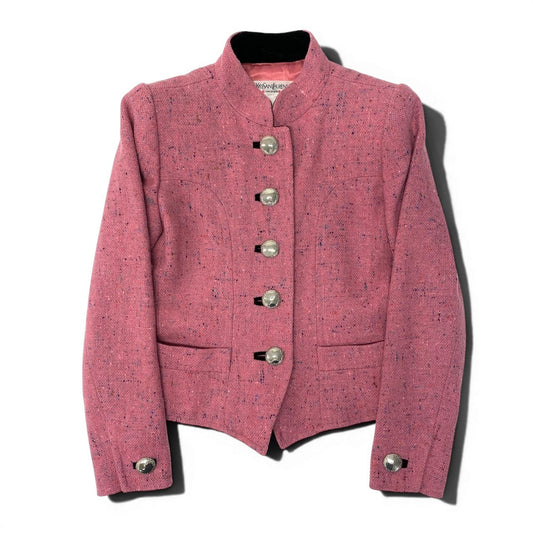 56e12 Yves Saint Laurent  イヴサンローラン vintage ツイードジャケット スタンドカラージャケット サイズ34 フランス製 ピンク ウール100％ レディース 女性用u02t