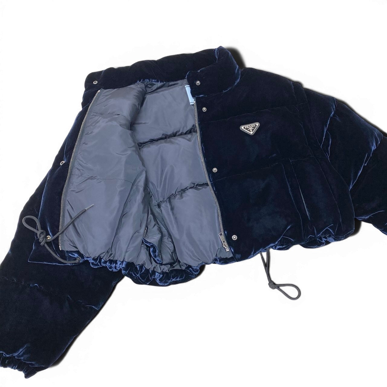 19g1 PRADA プラダ  25AW ベルベット ベロア クロップドダウンジャケット サイズ36 ネイビー系 レディース アウターk02i