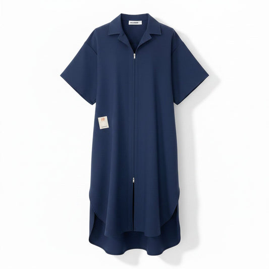 13f6 E JIL SANDER ジルサンダー 2019年 オープンカラージップワンピース 半袖 サイズ32 ネイビー ウール100％ レディース 女性用u02t