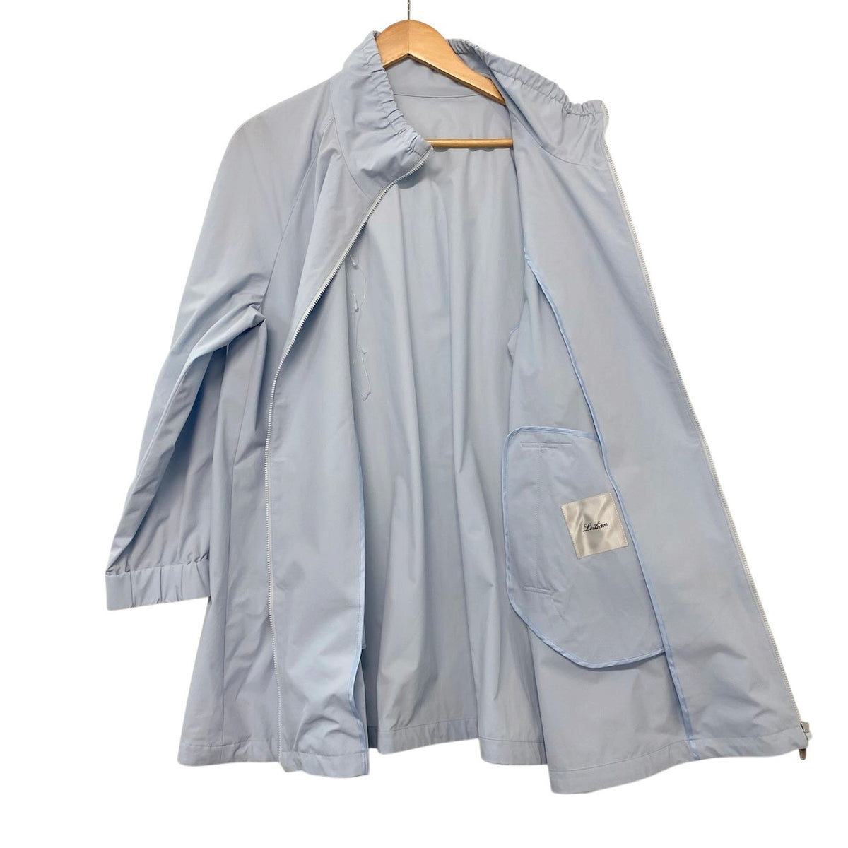 45j15【美品】Leilian レリアン 近年モデル スタンドカラージャケット ラグランスリーブジャケット アウター 13+サイズ ライトブルー ポリエステル100％ レディース 女性用u02t