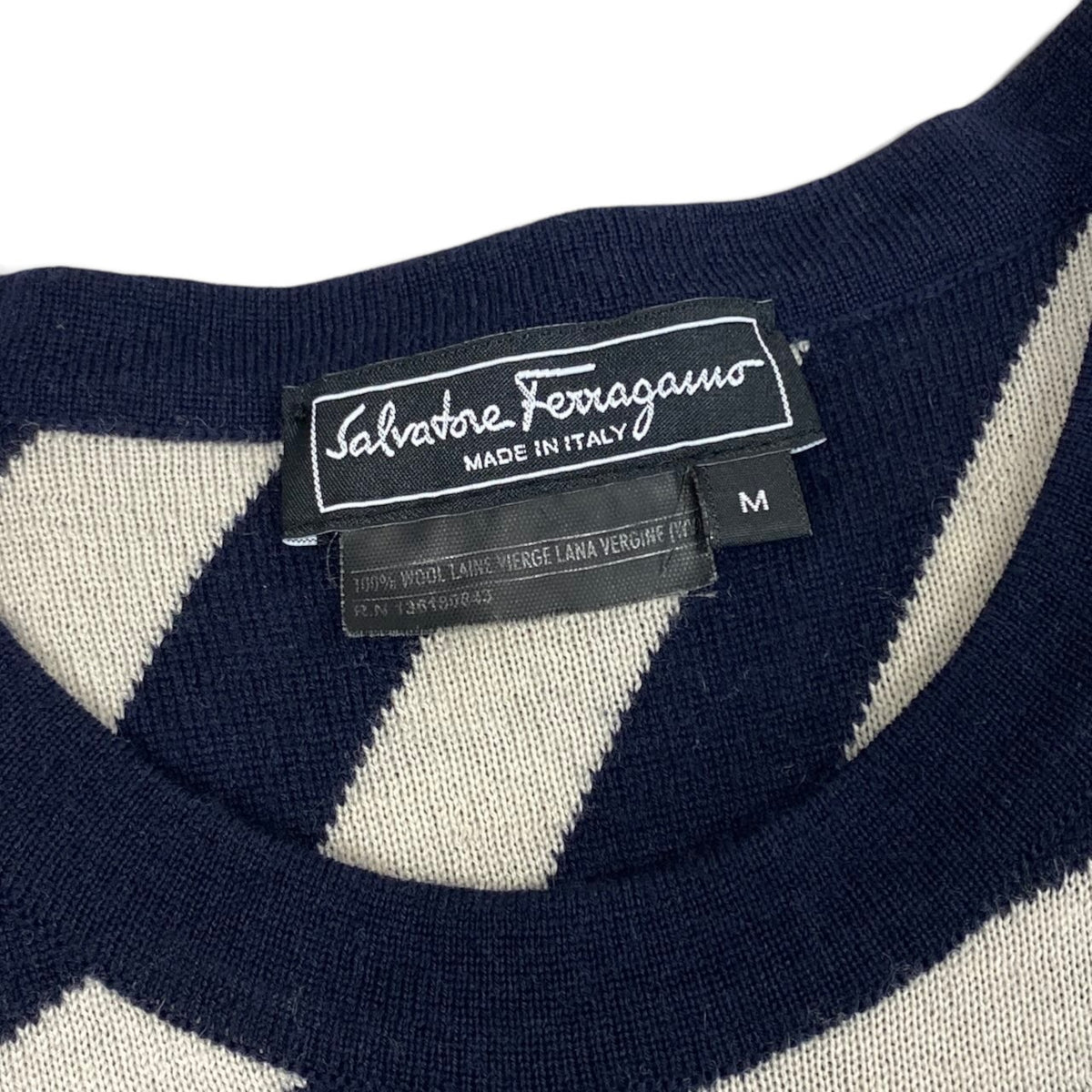 Ei21 Salvetore Ferragamo サルヴァトーレフェラガモ ガンチーニ金具 半袖ニット セーター ボーダー イタリア製 Mサイズ ネイビー グレー ウール レディースo07t