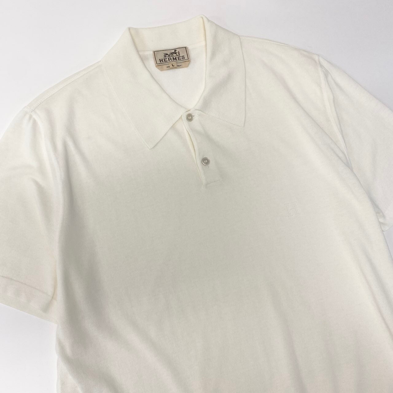 Md22 HERMES エルメス 半袖ニットポロシャツ コットンニット トップス イタリア製 Lサイズ ホワイト コットン100％ メンズ 男性用t18r