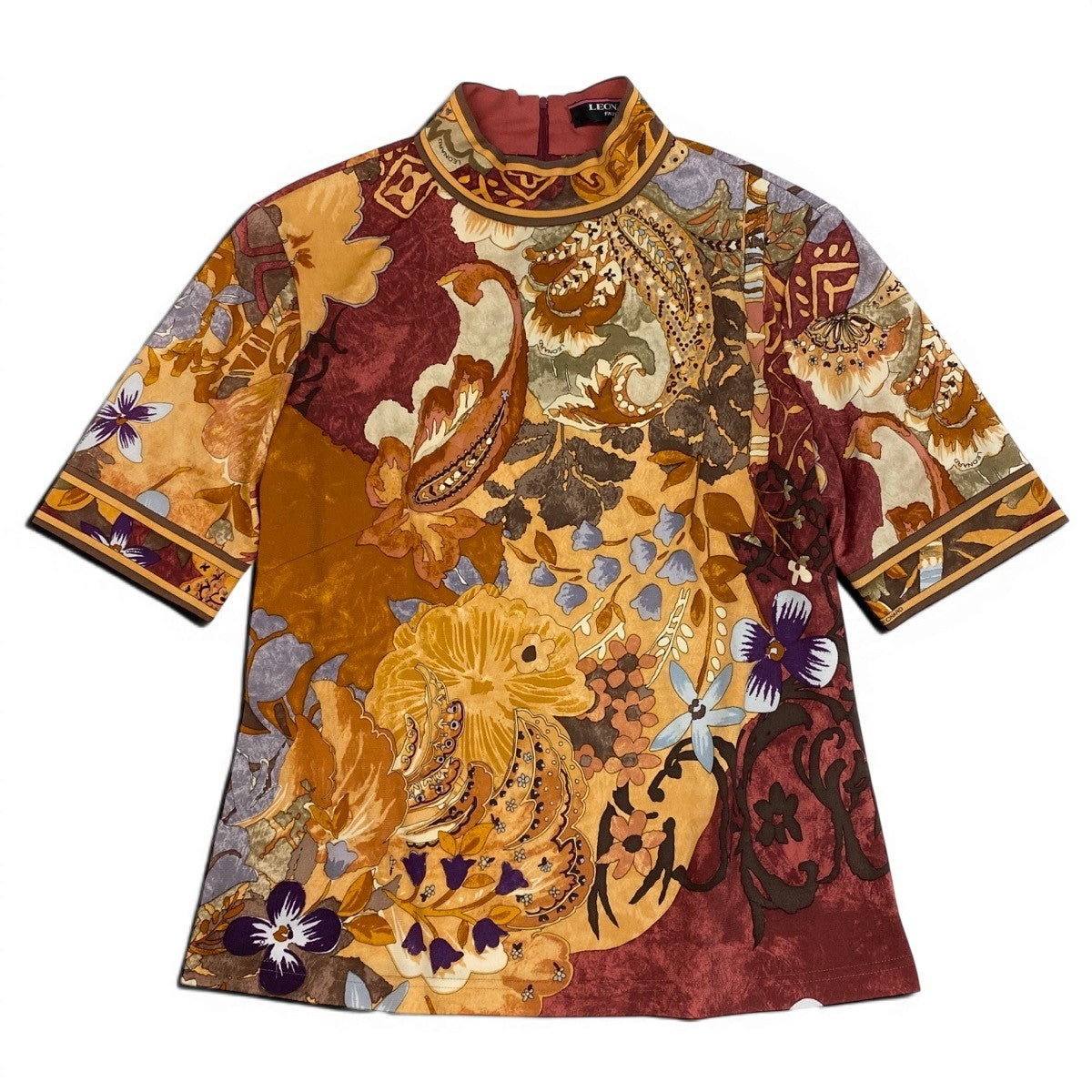 32f11 LEONARD FASHION レオナール モックネック ショートスリーブ カットソー カンカン素材 美しい花柄プリント サイズL マルチカラー レディース 女性服u02t