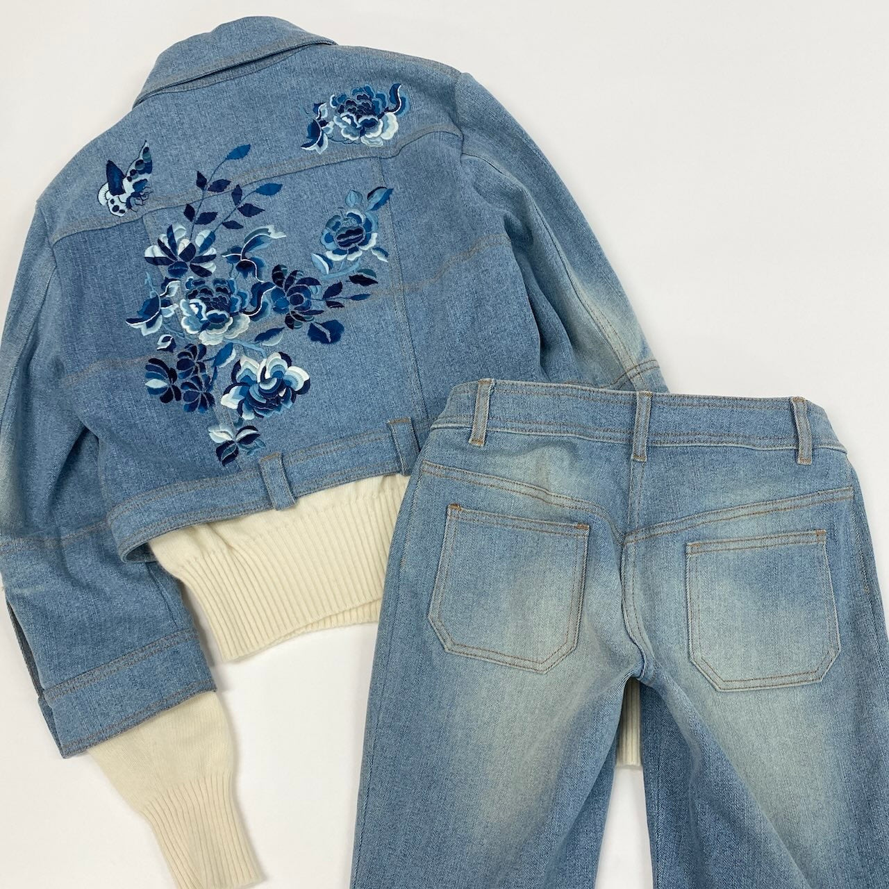Ic24 Christian Dior クリスチャンディオール ガリアーノ期 フラワー刺繍 デニムセットアップ by Galliano Flour Embroidery Denim Setup サイズ40 / 34 インディゴブルーt18r