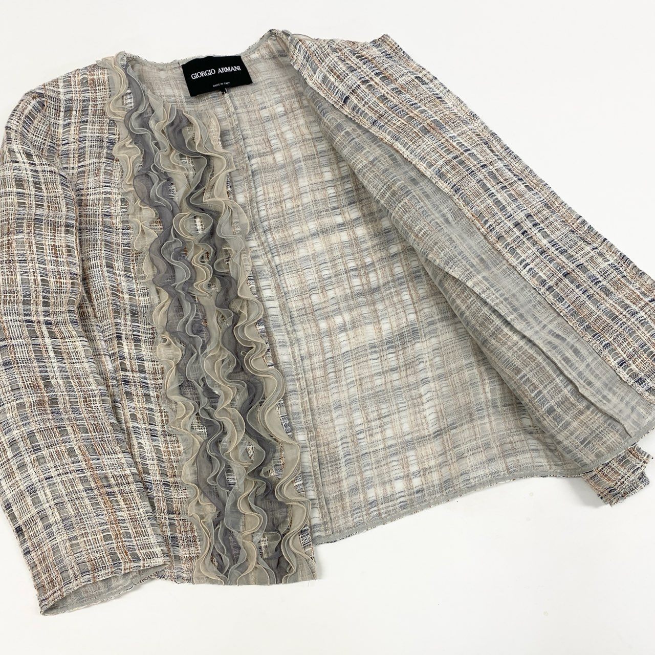 46a30 GIORGIO ARMANI ジョルジオアルマーニ ノーカラージャケット リネンツイードシルクラッフルジャケット 38サイズ マルチカラー リネン100％ シルク100％ レディースo07t