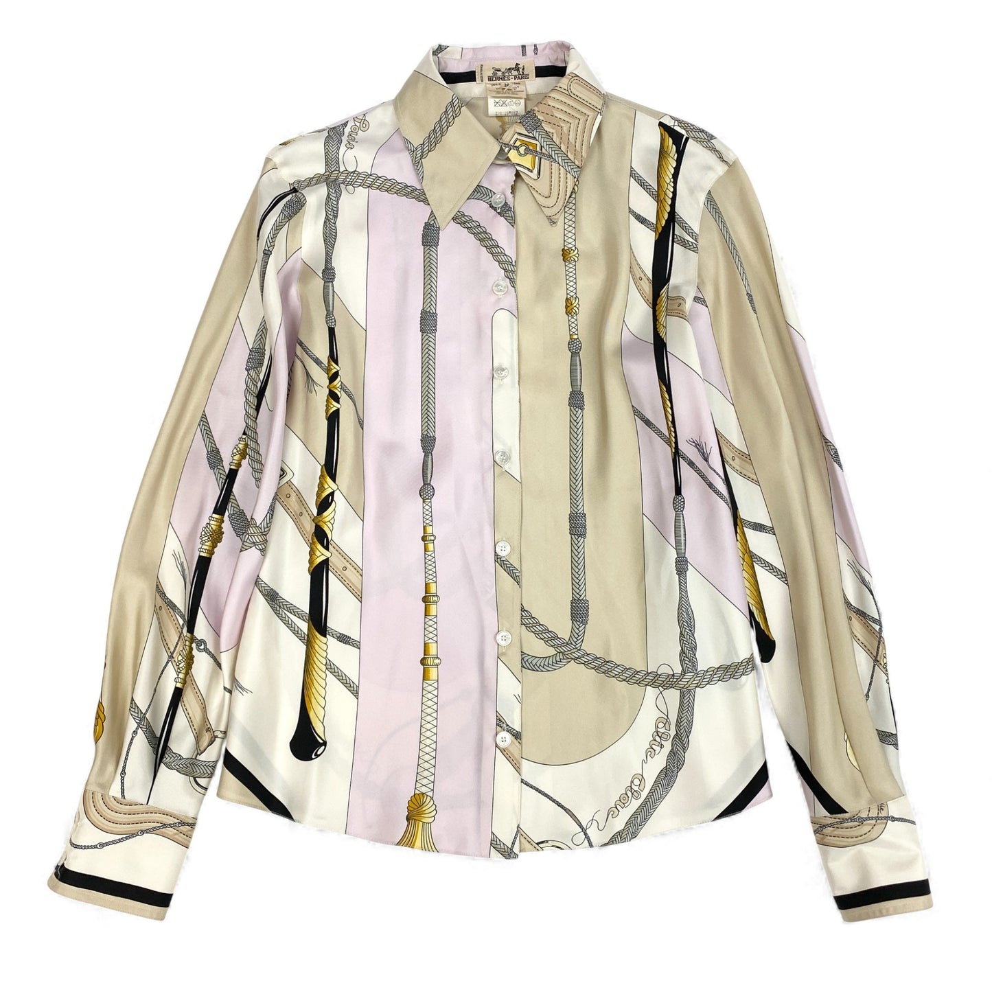 30k6【美品】HERMES エルメス 長袖シルクシャツ スカーフ柄 トップス フランス製 38サイズ マルチカラー レディースu02t