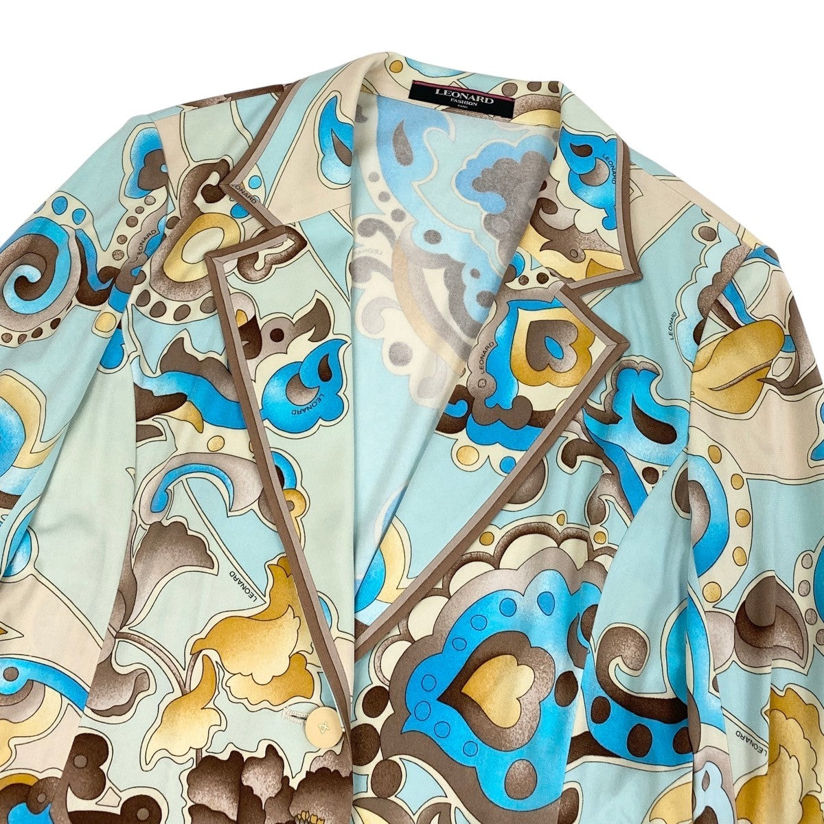 54f29 LEONARD FASHION レオナール カンカン素材 テーラードジャケット 総柄プリント サイズL ライトブルー レディースu02t