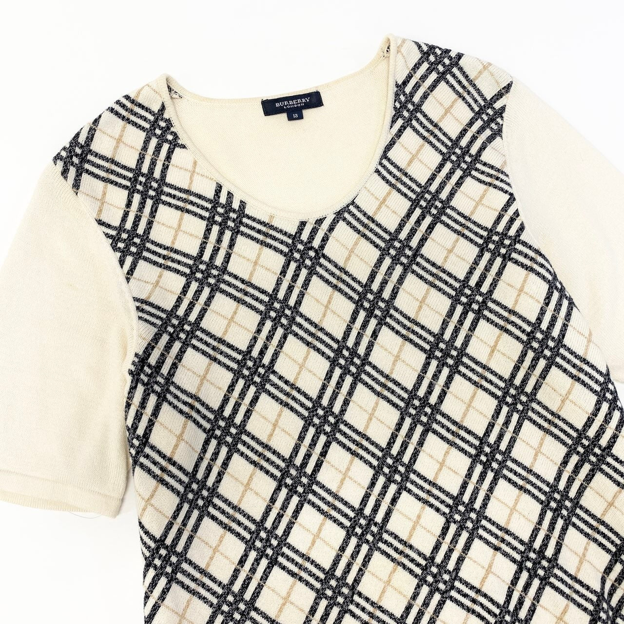 59d28 BURBERRY LONDON バーバリー 半袖 ニットセーター コットンニット チェック柄 サイズ13 アイボリー系 綿100％ レディース 女性用u02t