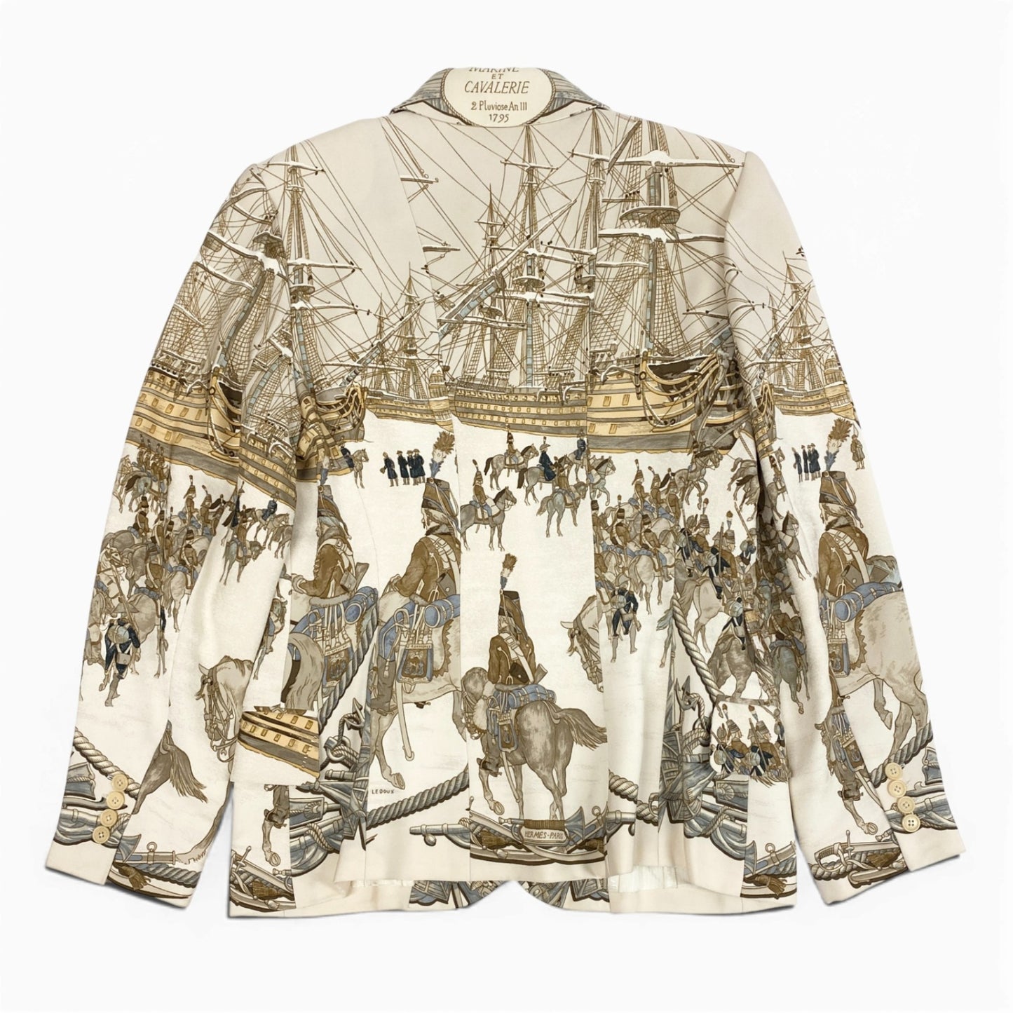 35L19 Vintage HERMES エルメス 海と騎兵隊 テーラードジャケット シルクジャケット 総柄 42 アイボリー系 シルク レディース 女性用 フランス製u02t