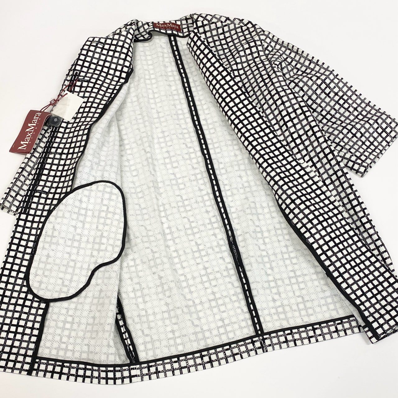 65a14【未使用】 Max Mara STUDIO マックスマーラ ノーカラー ロングコート スプリングコート 格子柄 レディース 女性用 サイズ40 ブラック ホワイト コットン100％u02t