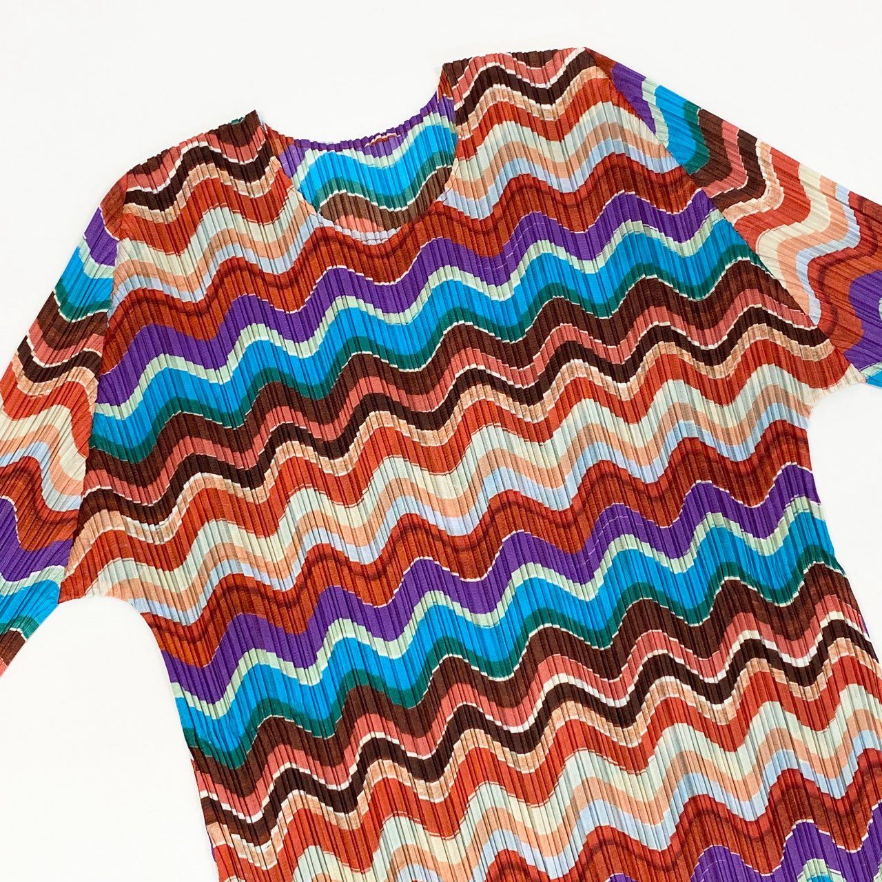 36a7 【美品】 PLEATS PLEASE プリーズプリーツ イッセイミヤケ 半袖ワンピース プリーツ ボーダー柄 PP83-JH724 3 オレンジ系 レディース 女性用k02i