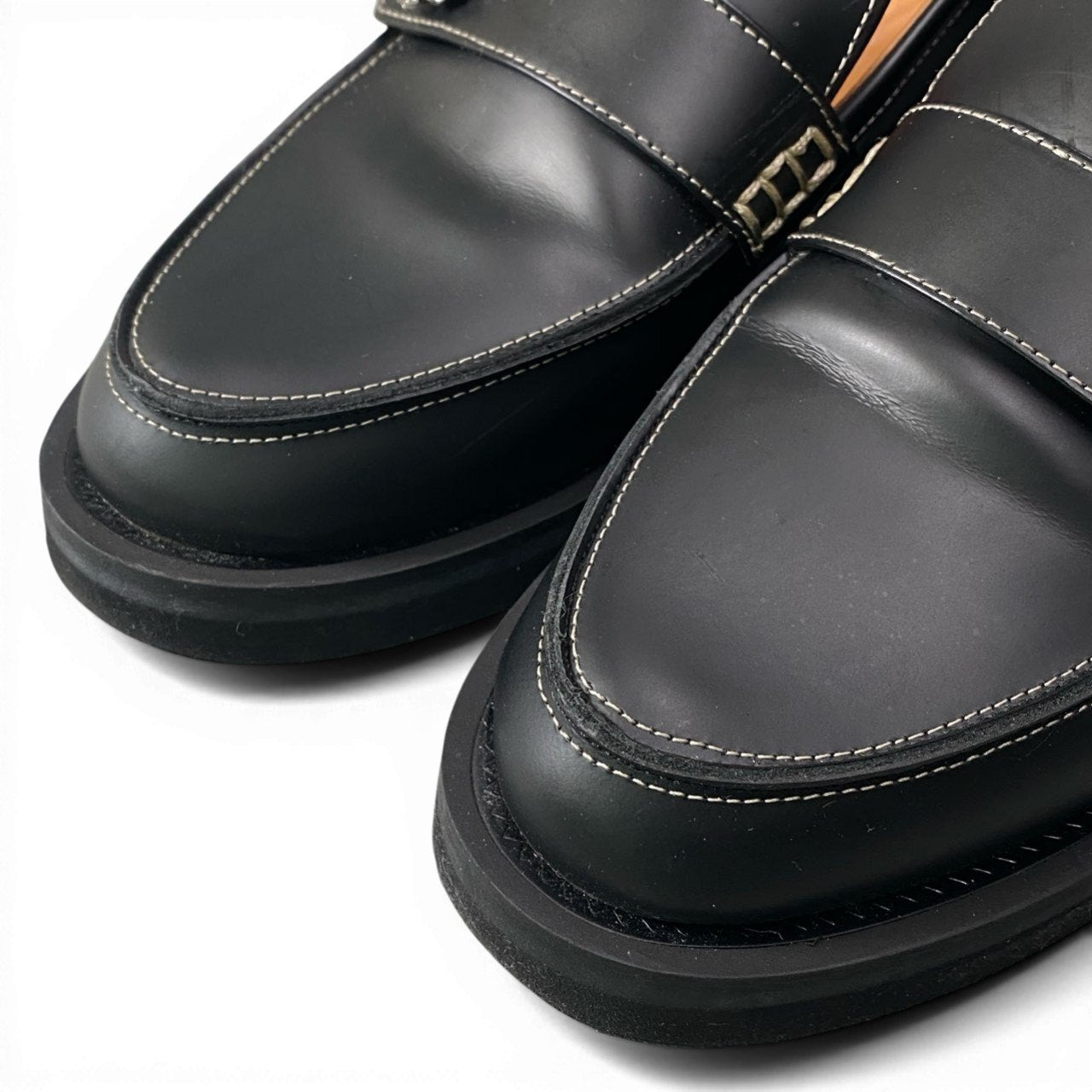 1c23 GANNI ガニ― クリスタルボタン付き レザーローファー ビジュー 革靴 フラットシューズ レディース 女性用 40 ブラックu02t