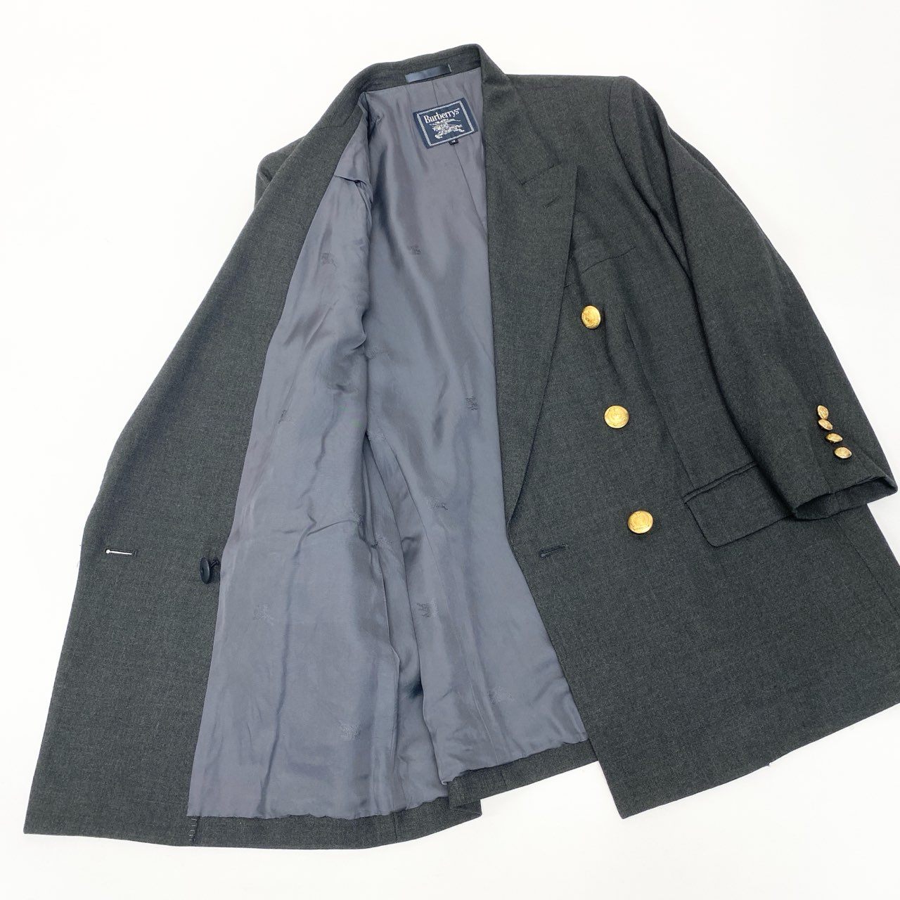 83b23【美品】Burberrys バーバリーズ スカートセットアップ テーラードジャケット タイトスカート 金ボタン 13サイズ グレー ウール100％ レディース 女性用u02t