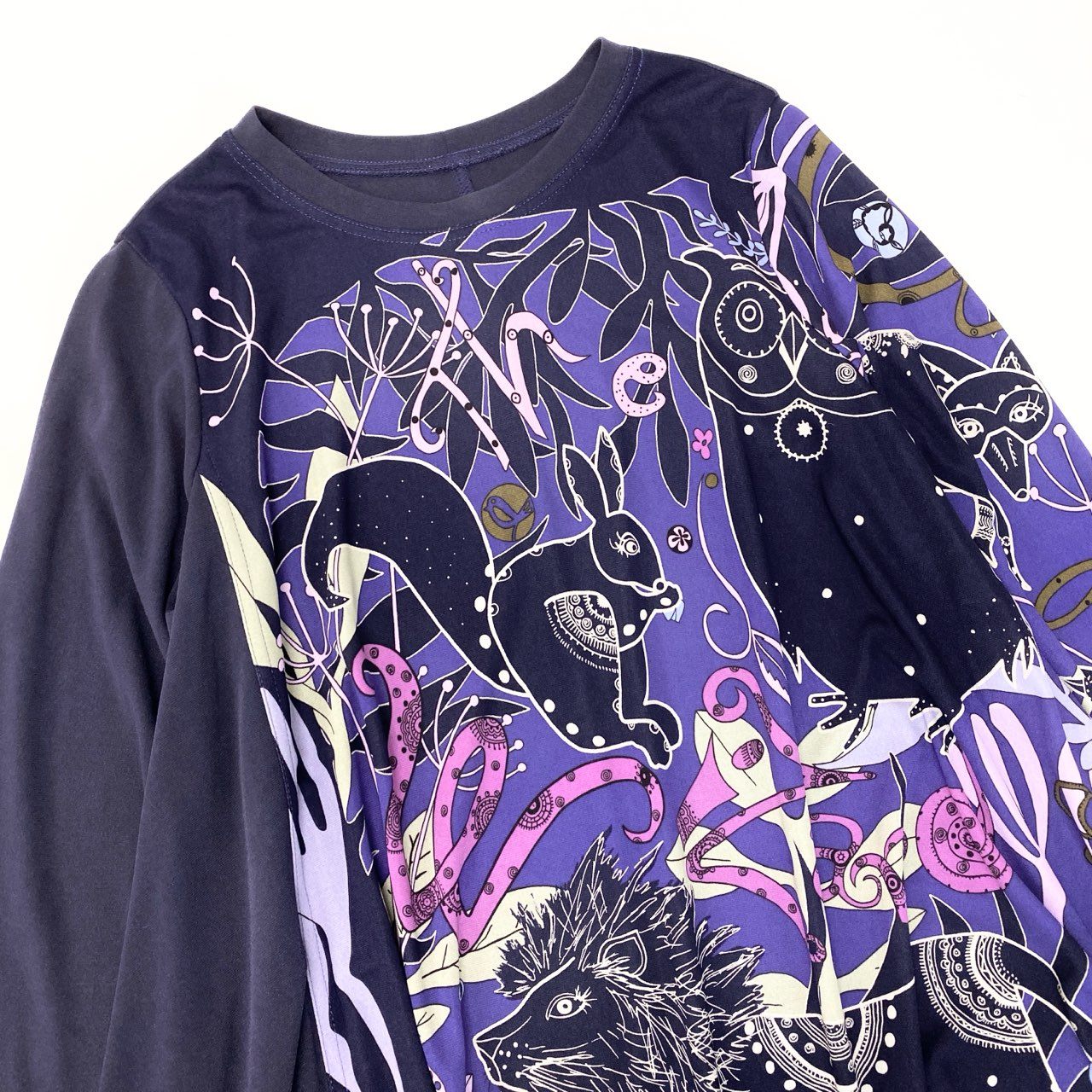 33c10 【美品】 TOKUKO 1er VOL ロングスリーブ チュニックワンピース  アニマル柄 Aライン ストレッチ レディース 女性服 サイズ9 パープルu02t