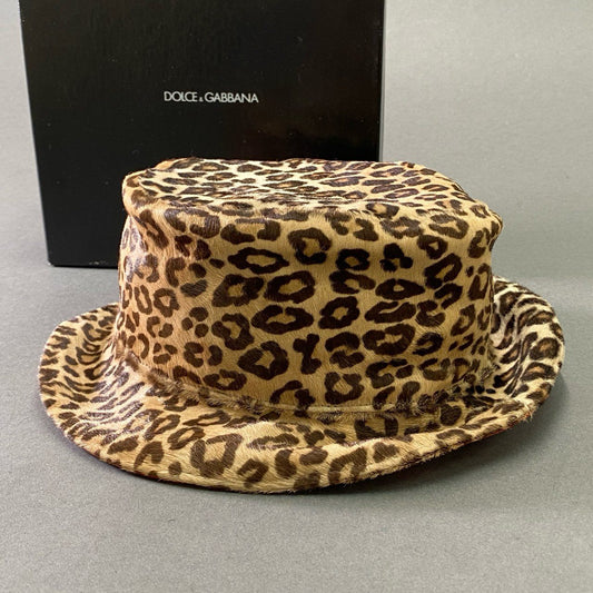 f6 DOLCE&GABBANA ドルチェアンドガッバーナ レオパード柄 バケットハット ハラコ レザー 帽子 イタリア製 58 Mサイズ相当 ブラウン
