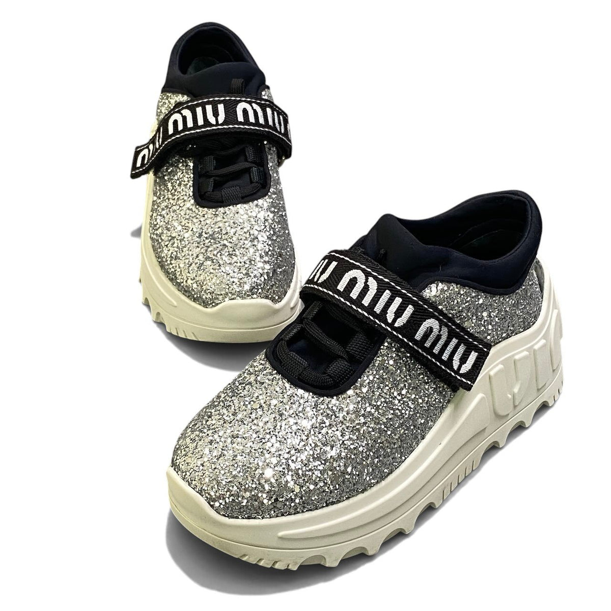 1i13 miu miu ミュウミュウ ロゴテープ グリッター スニーカー size 35 シルバー 厚底 シューズt18r