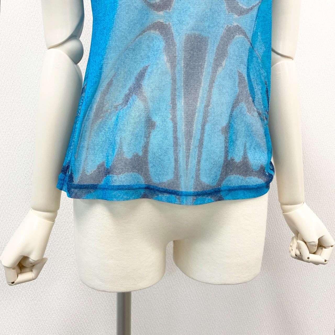 5i12 PLEATS PLEASE ISSEY MIYAKE プリーツプリーズ イッセイミヤケ 総柄プリント メッシュ シアー素材 半袖カットソー トップス 日本製 PP34-JR752 3 ブルー レディースo07t