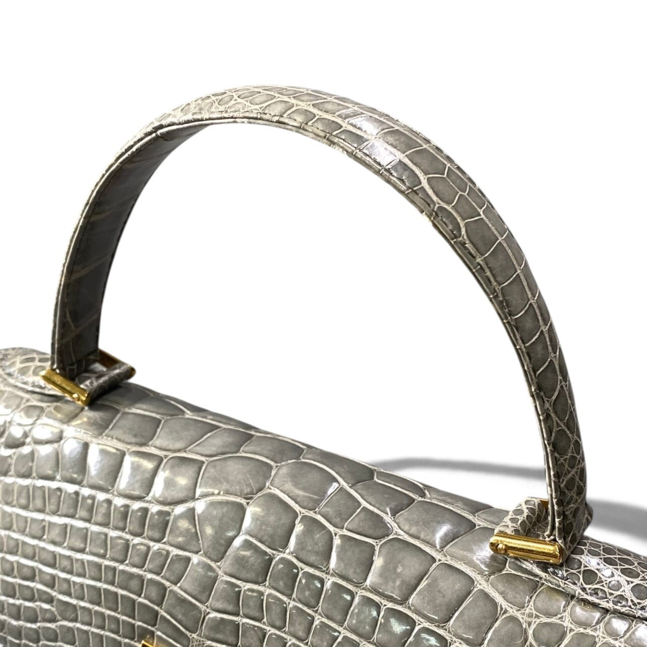 h21 GENUINE CROCODILE SKIN ワニ革 クロコダイル ハンドバッグ グレー レザー レディース 女性用k02i