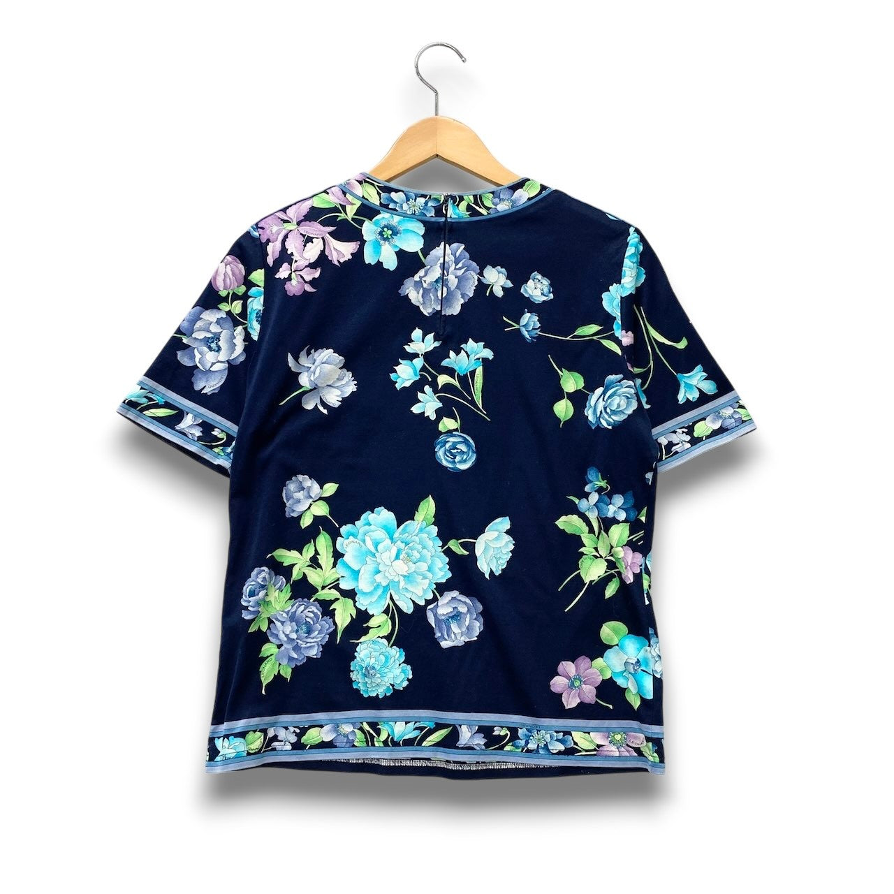 2c29 LEONARD FASHION レオナール 半袖Tシャツ カットソー 美しい花柄プリント レディース 女性服 L ネイビー コットン100％u02t