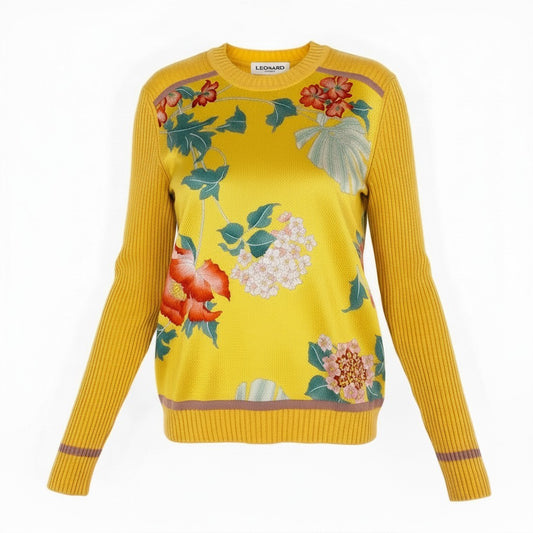68d13 【極美品】 LEONARD PARIS レオナール ロングスリーブ ニットセーター リブニット 異素材切替 美しい花柄プリント サイズL イエロー レディース 女性用u02t
