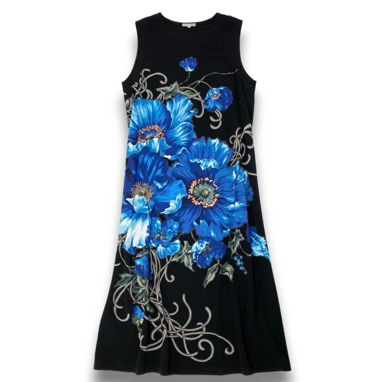 15c5 【美品】 TOKUKO 1er VOL トクコプルミエヴォル ノースリーブワンピース ロングワンピース 花柄プリント ストレッチ レディース 女性服 サイズ9 ブラックu02t