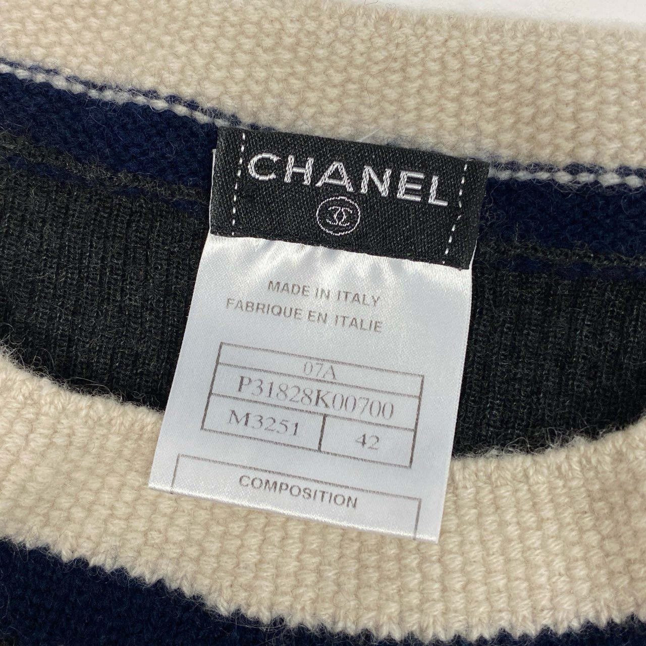 10a13 CHANEL シャネル クルーネック ニットセーター リブニット 長袖 カシミヤシルク混〇  レディース 女性用 P31828K00700 サイズ42 ダークグレー オフホワイト ネイビーo07t