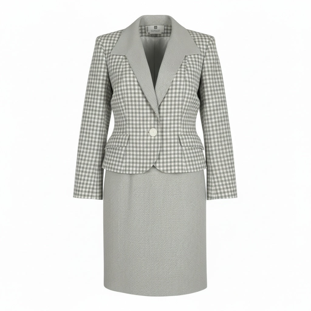 4b4 Vintage GIVENCHY ジバンシー フランス製 セットアップ スカートスーツ ランダムチェック 36 グレー系 レディースu02t