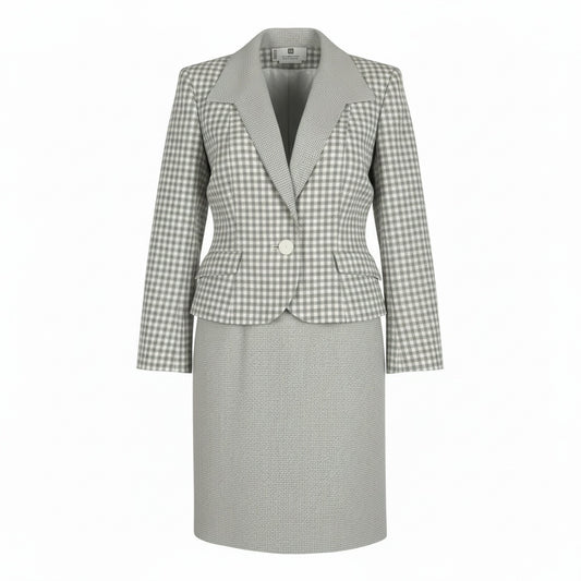 4b4 Vintage GIVENCHY ジバンシー フランス製 セットアップ スカートスーツ ランダムチェック 36 グレー系 レディースu02t