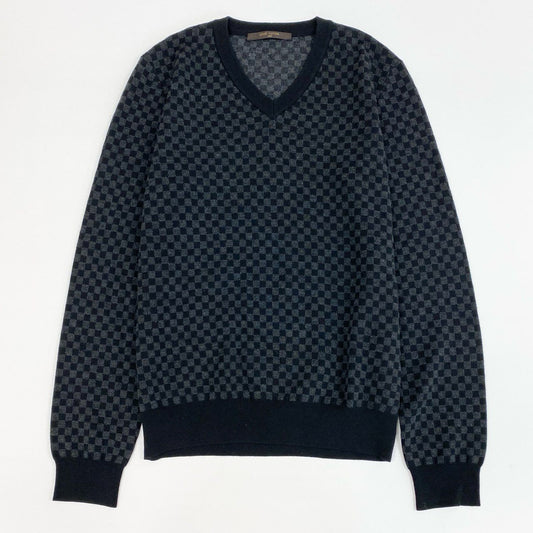 46j3 LOUIS VUITTON ルイヴィトン ダミエ Vネック プルオーバー ニット セーター イタリア製 チェック柄 MRKN11M22 XSサイズ ブラック グレー ウール メンズo07t