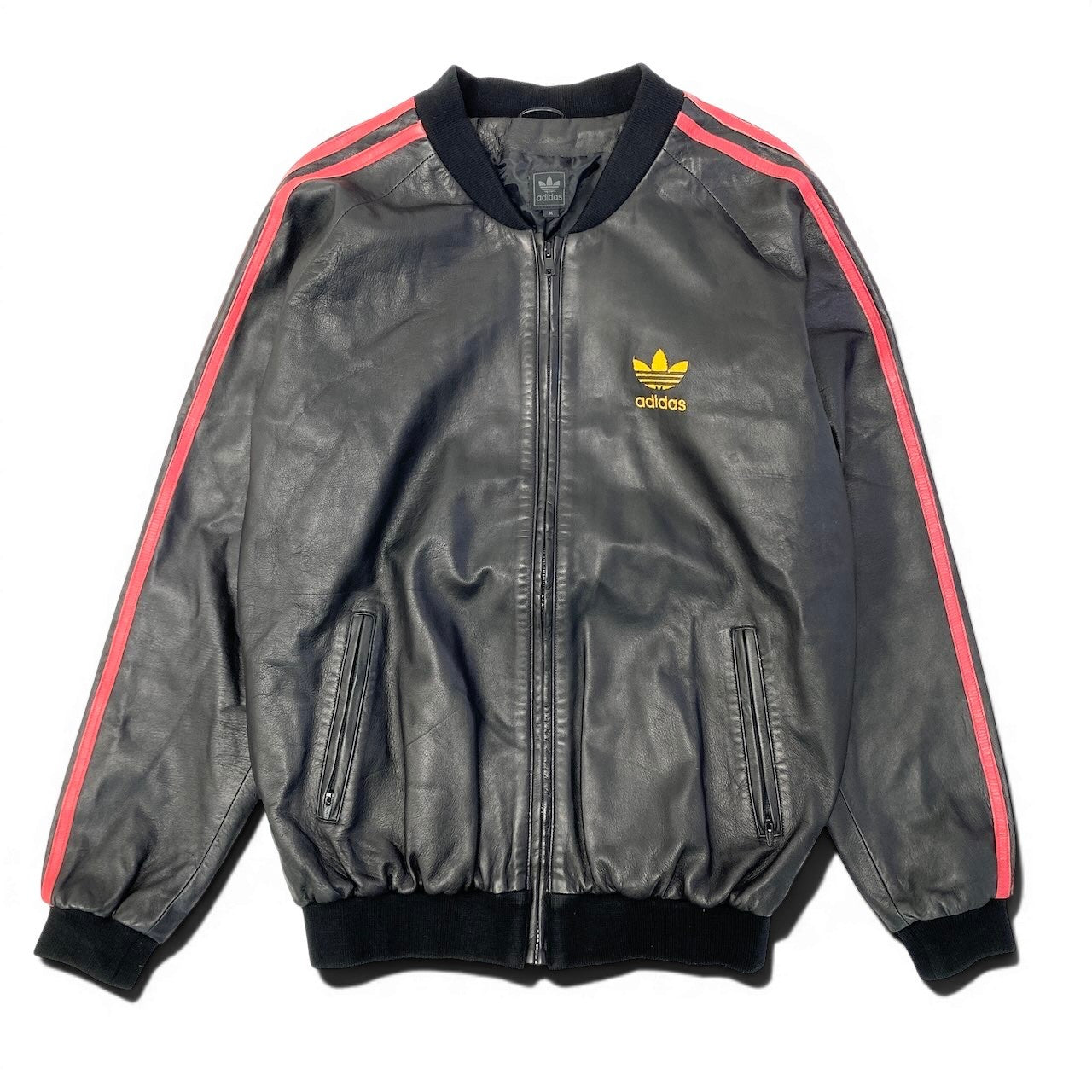 43e11 adidas アディダス 2002年 オリジナル レザージャケット ブルゾン トレフォイルロゴ Mサイズ ブラック ラムレザー メンズ 男性用k02i